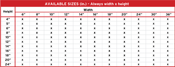 Product 1 Aviable Sizes