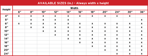 Product 1 Aviable Sizes